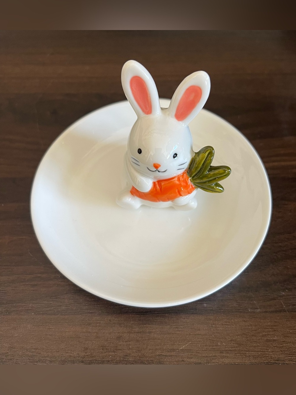 NEW Bunny Rabbit With Carrot Ceramic Ring Holder Jewelry Dish Trinket Tray Round